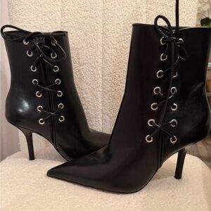 Black Lace-Up Pointed Toe Ankle Boots - Women